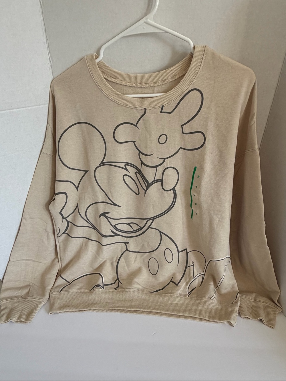 Disney Beige Mickey Mouse Outline Crewneck Sweatshirt with Green Accent